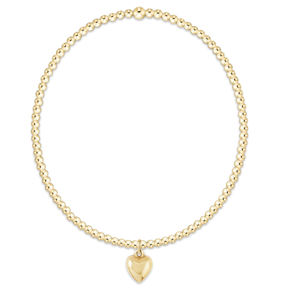 Classic Gold 2mm Bracelet with a small gold heart charm on a high-performance elastic band.
