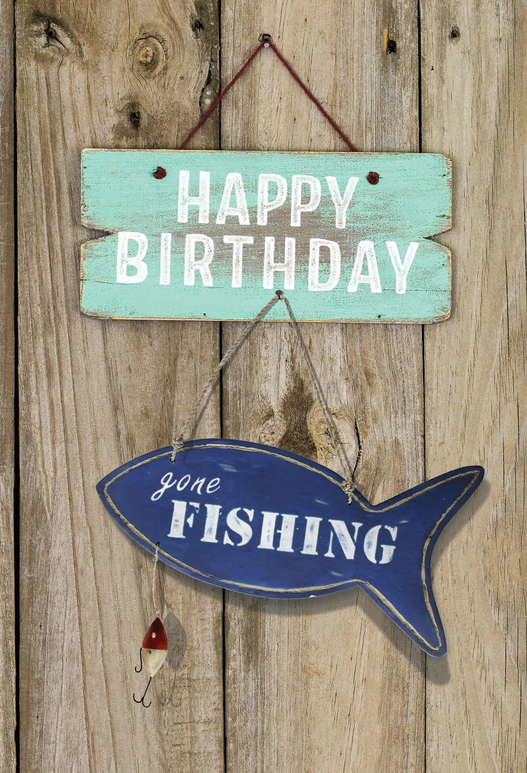Birthday card featuring a fishing boat on water with the text Gone Fishing