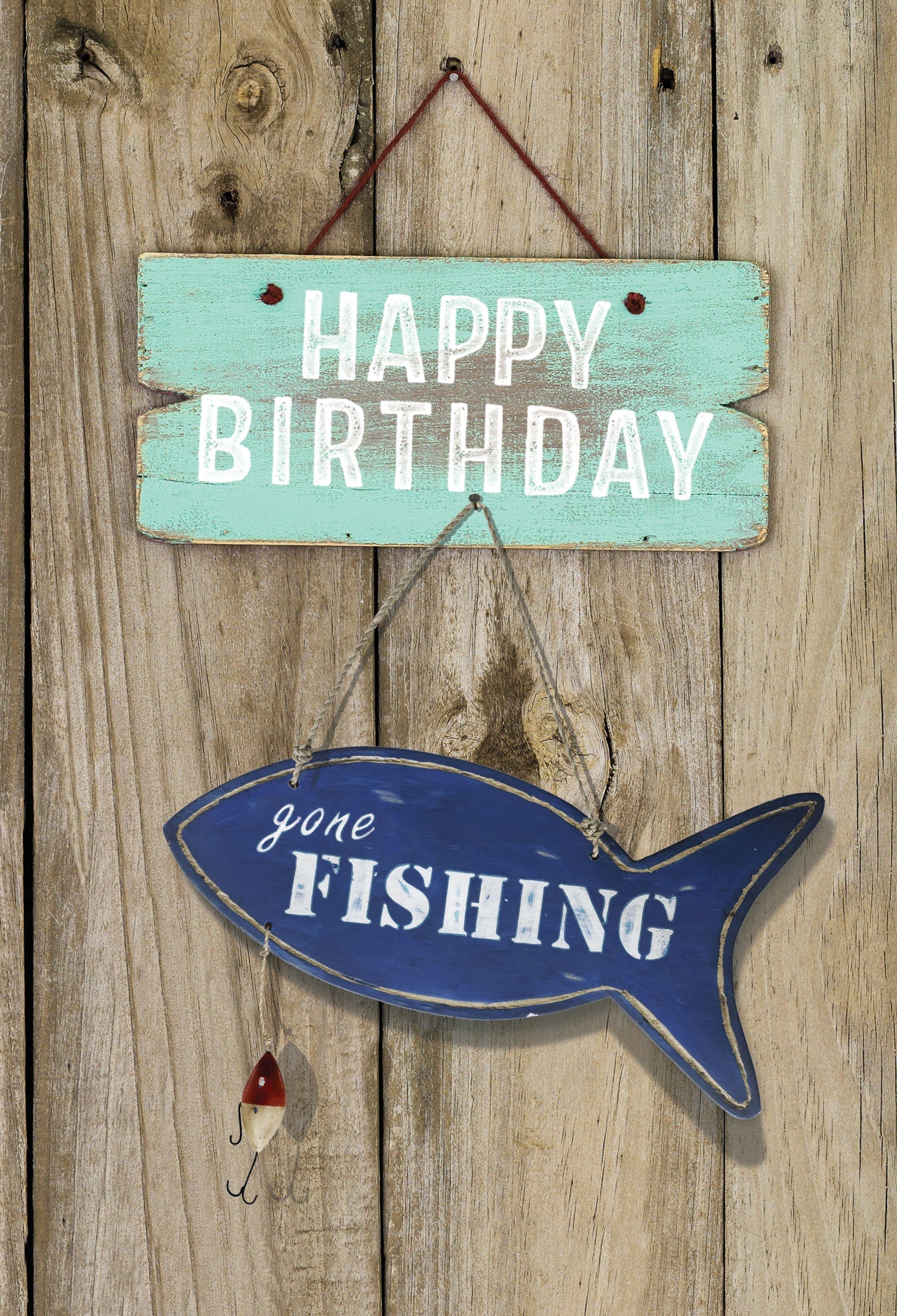 Birthday card featuring a fishing boat on water with the text Gone Fishing