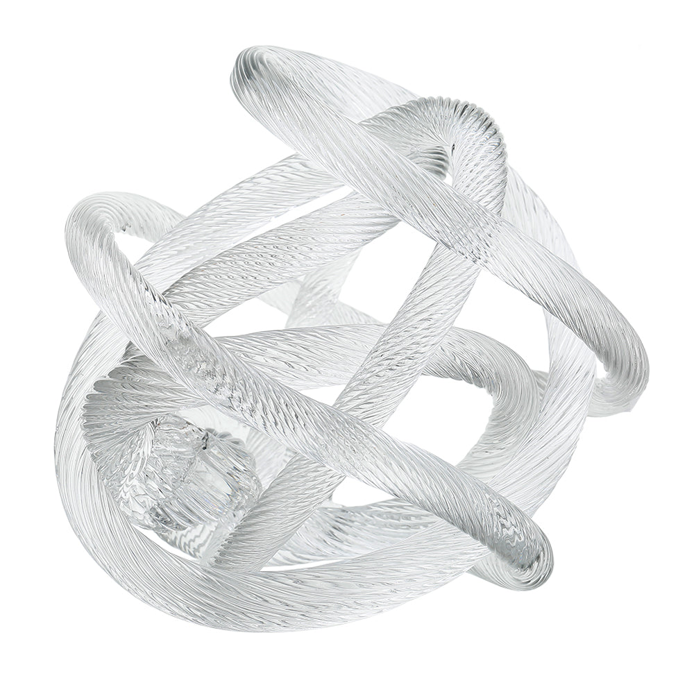 10-inch clear hand-blown glass knot sculpture with a textured, ribbed finish.