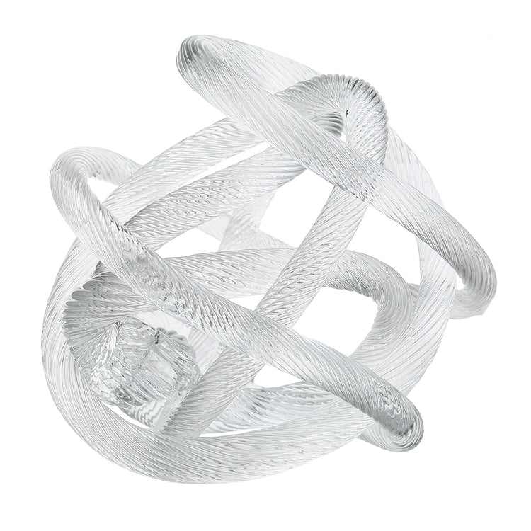 10-inch clear hand-blown glass knot sculpture with a textured, ribbed finish.