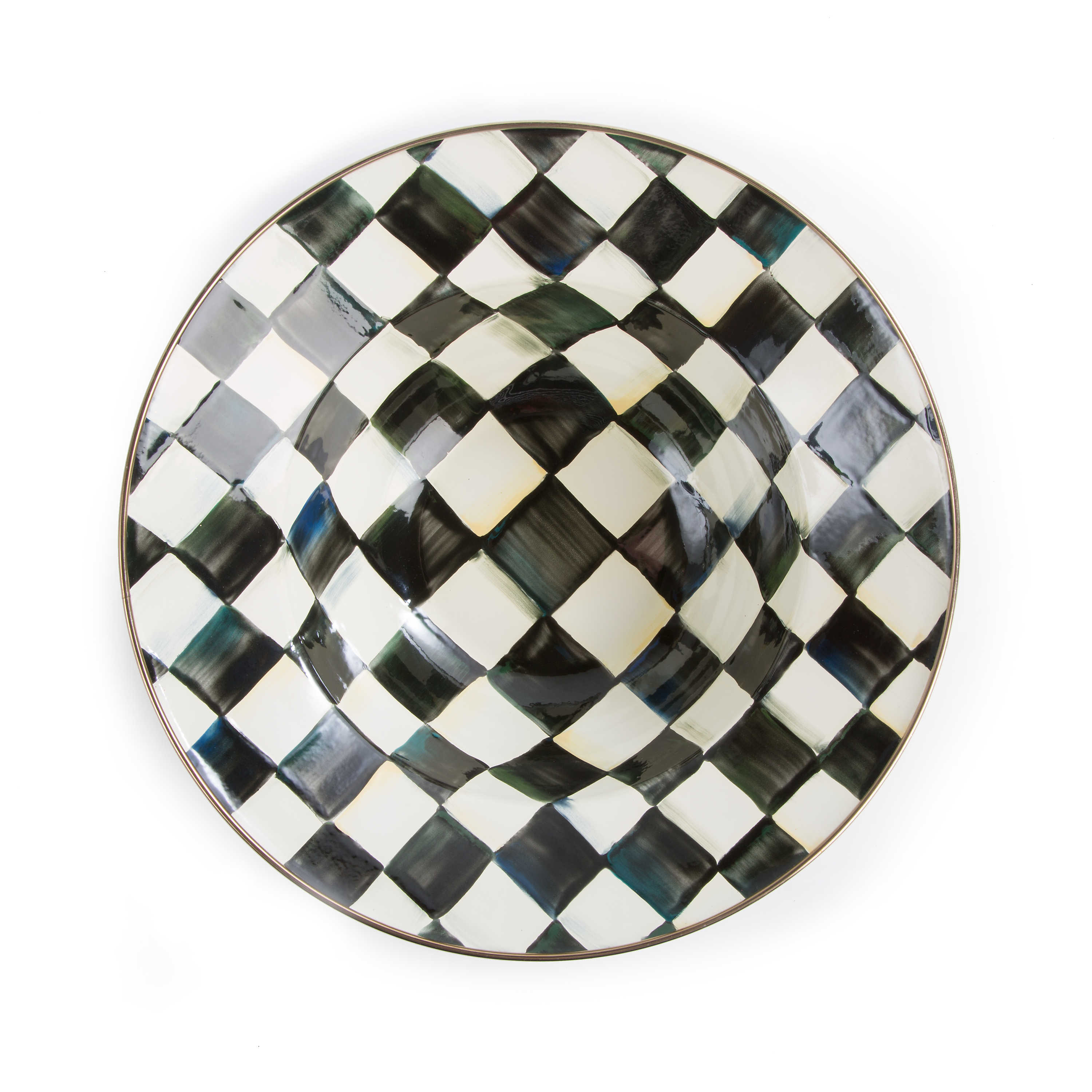 Top view of a 12-inch Courtly Check Enamel Serving Bowl with hand-painted black and white checks.