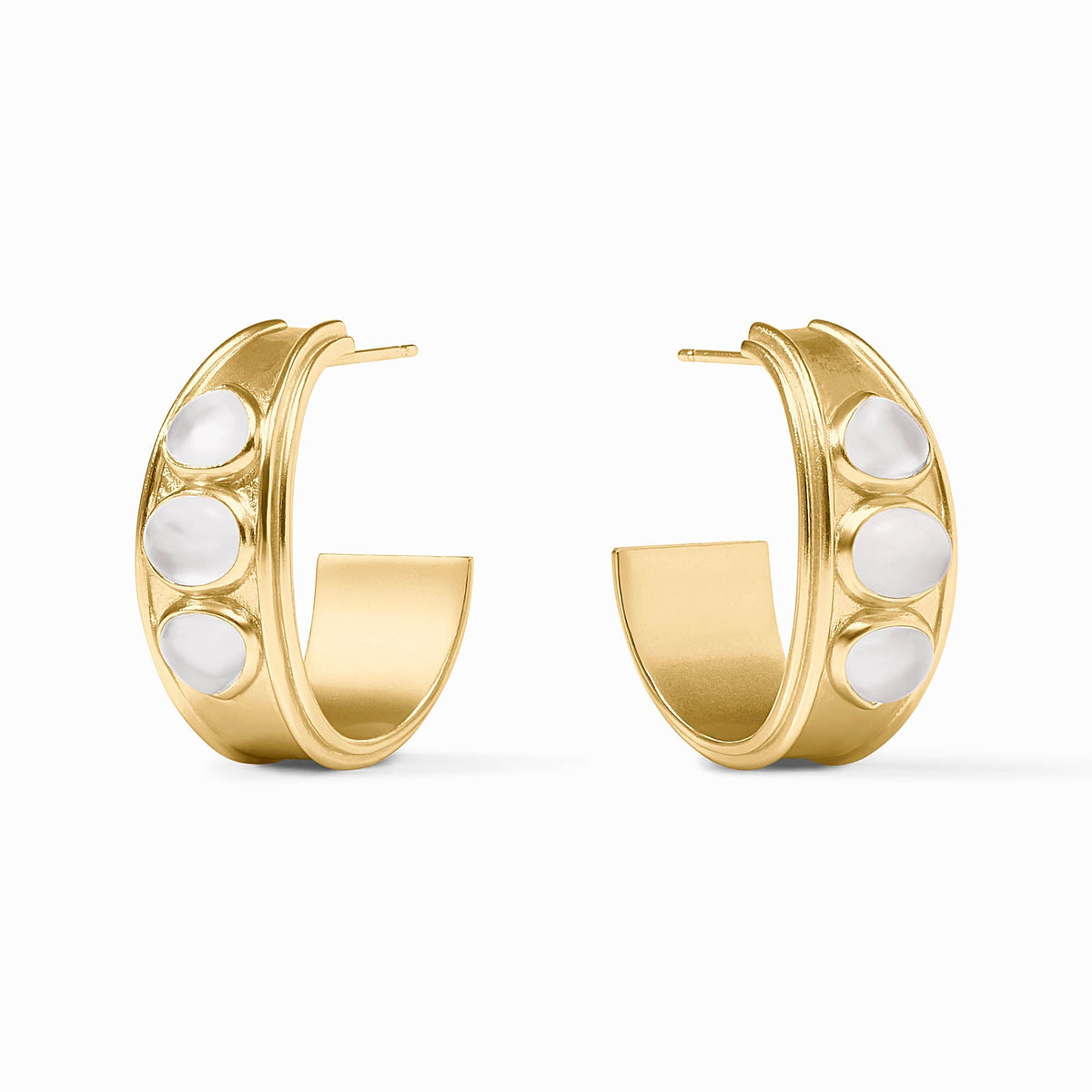 Dolce Stone Hoop earrings in 24K gold plate with three oval white glass stones on each hoop.