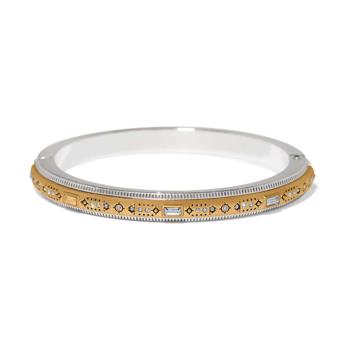Silver-gold hinged bangle with fine quality crystals in a two-tone finish.