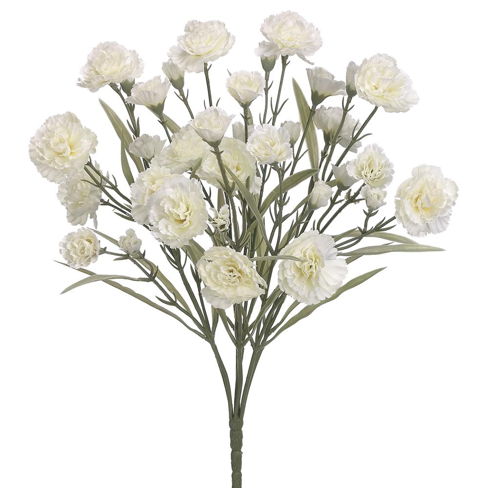 Artificial carnation bush with fabric petals in pink hues on a wire stem structure.