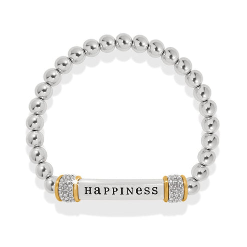 Meridian Happiness two-tone stretch bracelet with silver beads and a bar engraved with HAPPINESS.