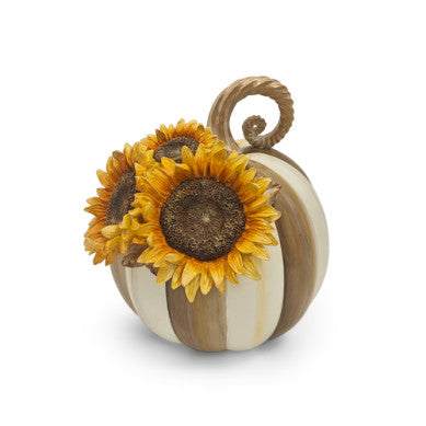 Mocha Stripe Sunflower Pumpkin tote bag with striped fabric handle