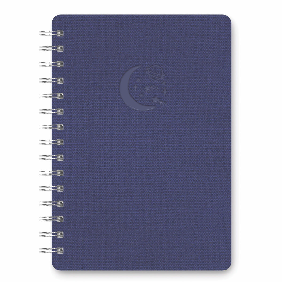 Moons & Stars Navy Agatha Notebook with a textured softcover and silver spiral binding.