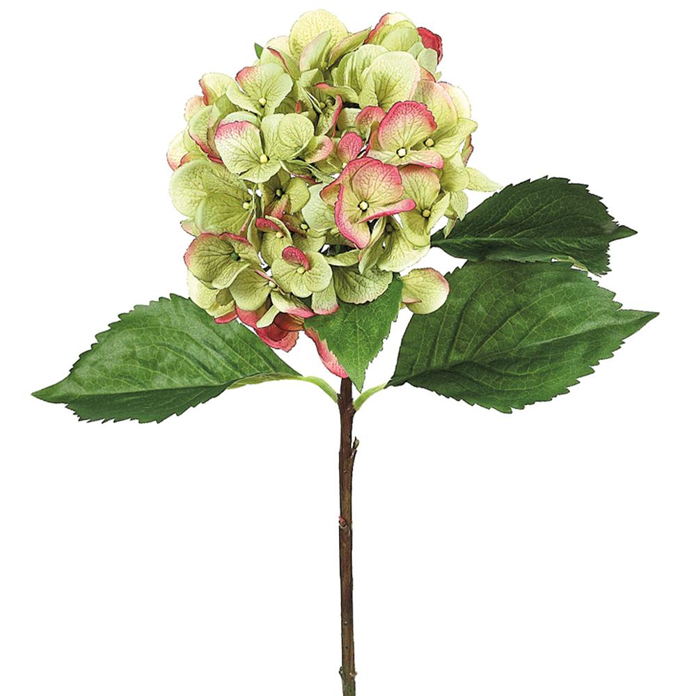 Artificial hydrangea spray with blue flowers on a green stem.