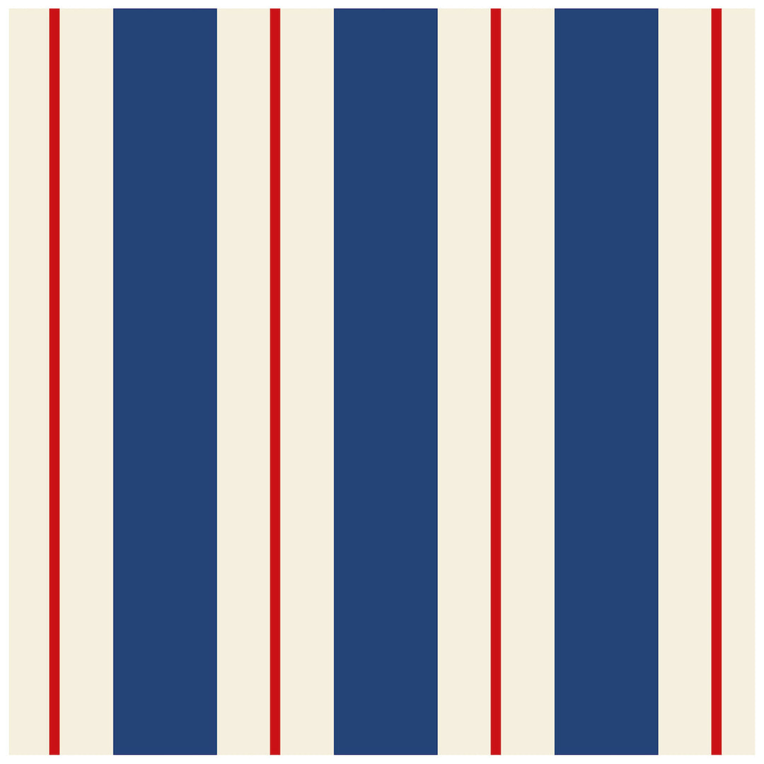 Cocktail napkin with a vertical striped pattern in navy blue, cream, and thin red lines.
