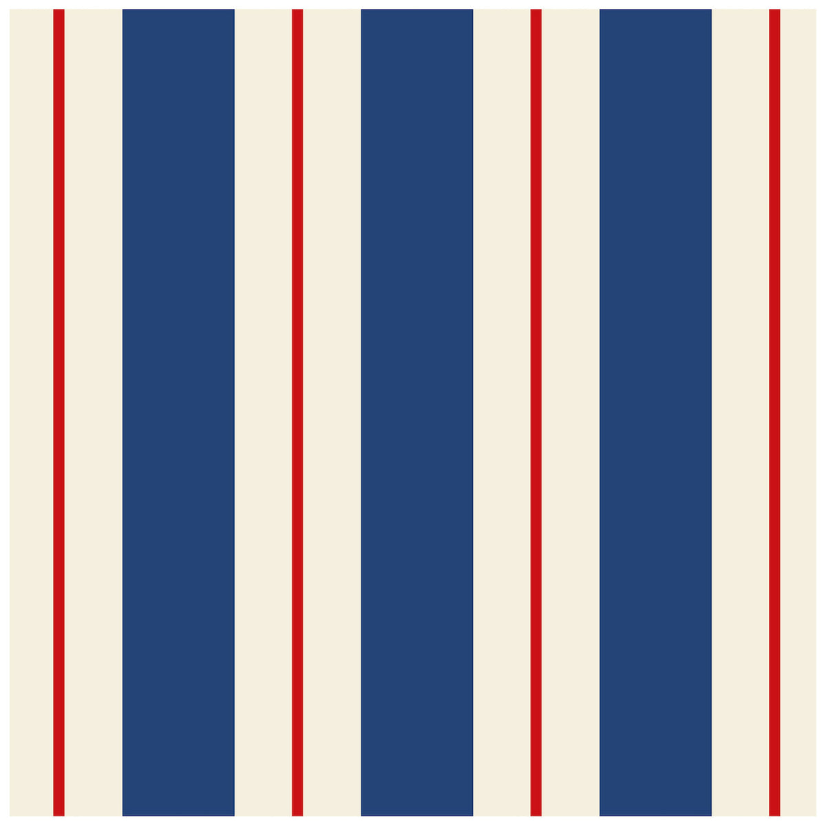 Cocktail napkin with a vertical striped pattern in navy blue, cream, and thin red lines.