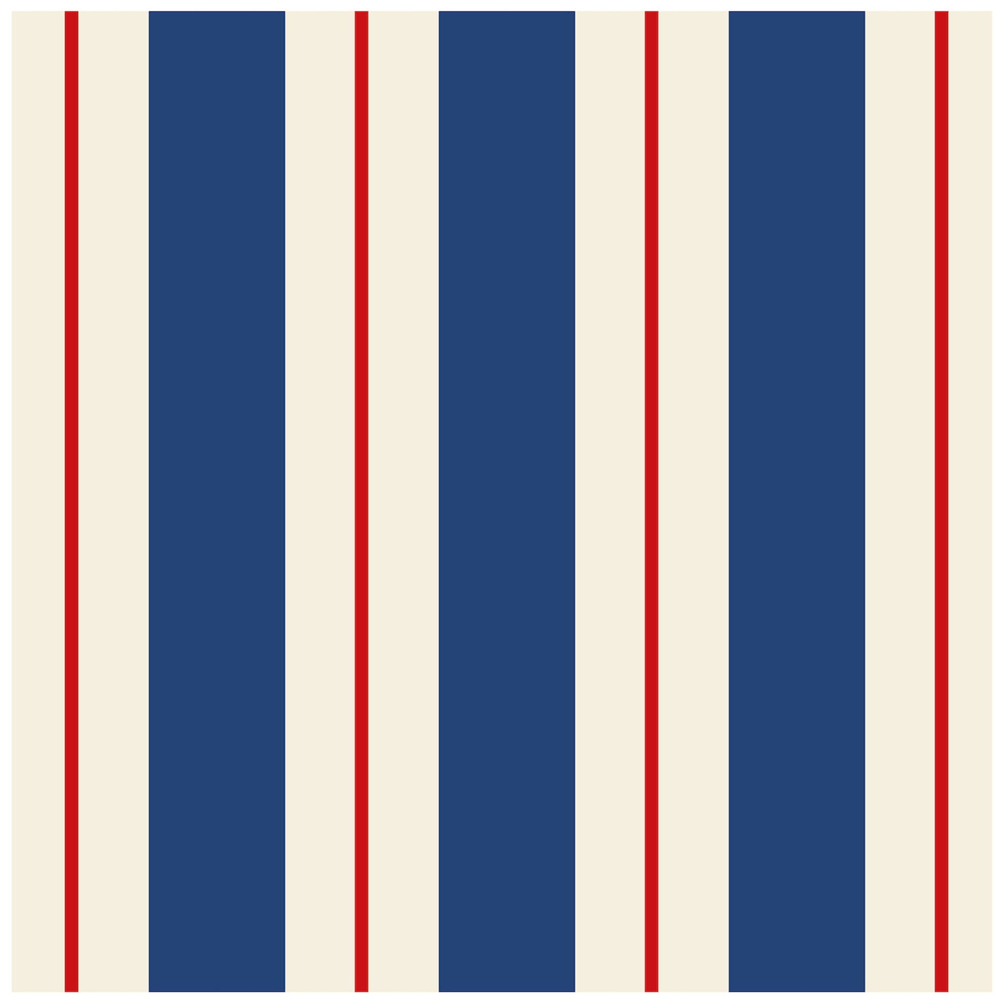 Cocktail napkin with a vertical striped pattern in navy blue, cream, and thin red lines.