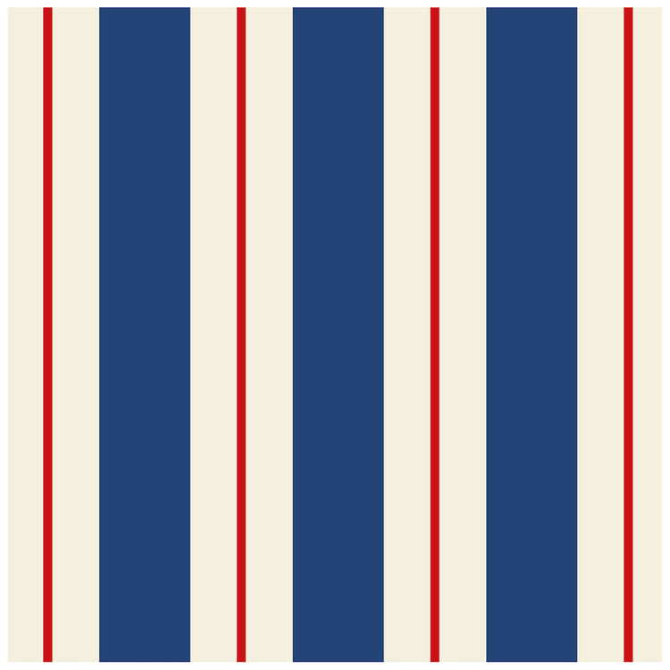 Cocktail napkin with a vertical striped pattern in navy blue, cream, and thin red lines.