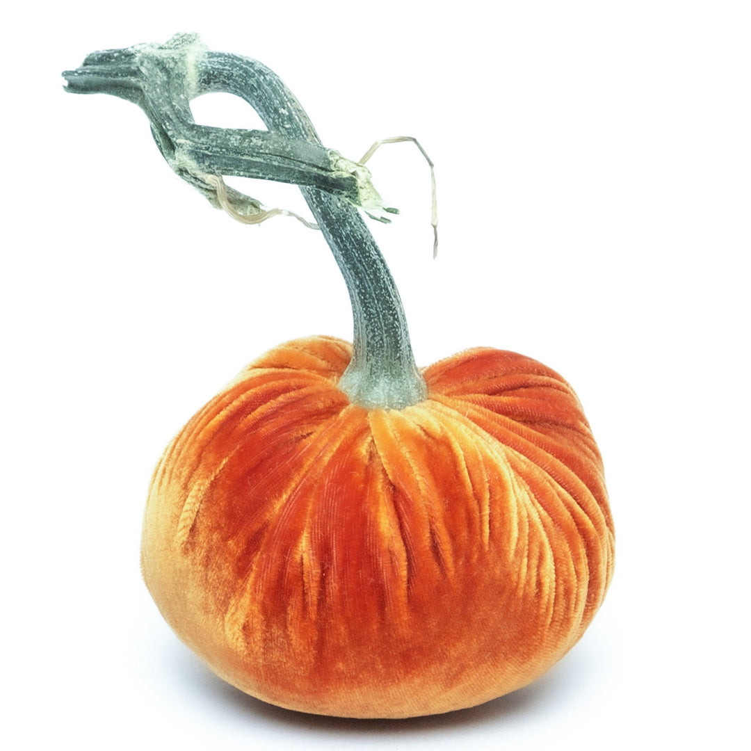 3-inch orange silk velvet pumpkin with a long, natural dried stem.