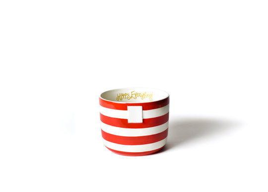 Red striped ceramic bowl with 'Happy Everything!' text on a white background.