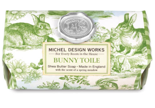 Michel Design Works Bunny Toile shea butter soap bar with green rabbit and floral print.
