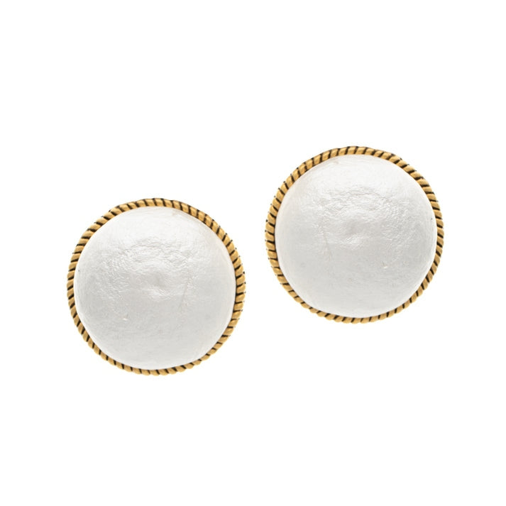 Landry Oversized Pearl Studs featuring white dome pearls with a twisted gold-tone border.