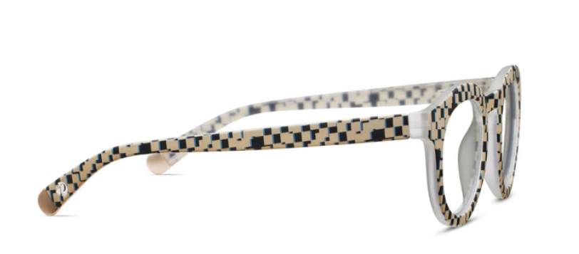 Round Frame of Mind sunglasses with pixel check blue lenses in recycled polycarbonate.