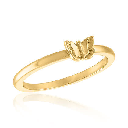 Petite gold ring featuring a small, detailed butterfly charm on a thin polished band.