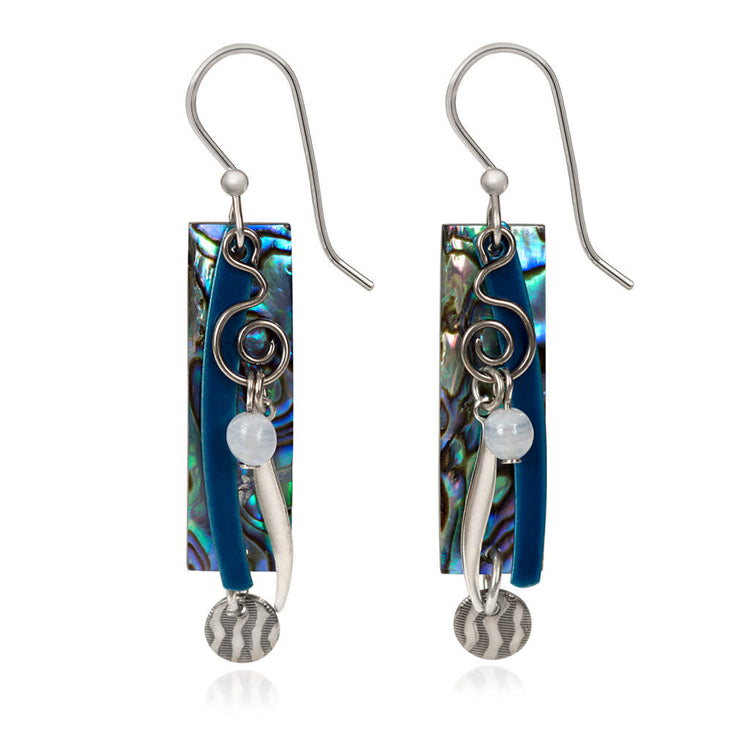 Rectangle iridescent shell drop earrings with silver coils, blue lace agate beads, and metal charms