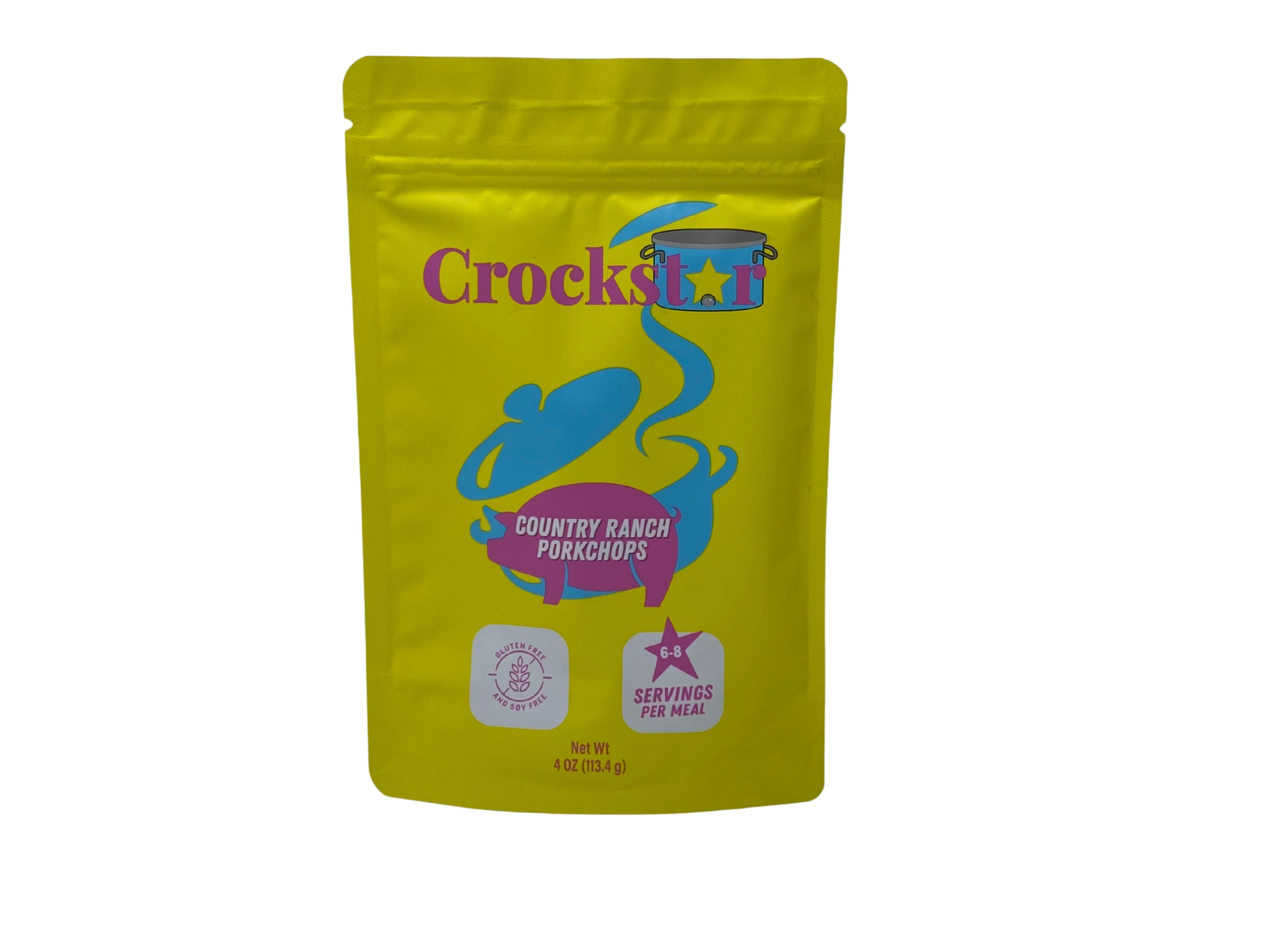 Yellow pouch of Crockstar Country Ranch Porkchops seasoning mix, gluten and soy free, 4 oz.