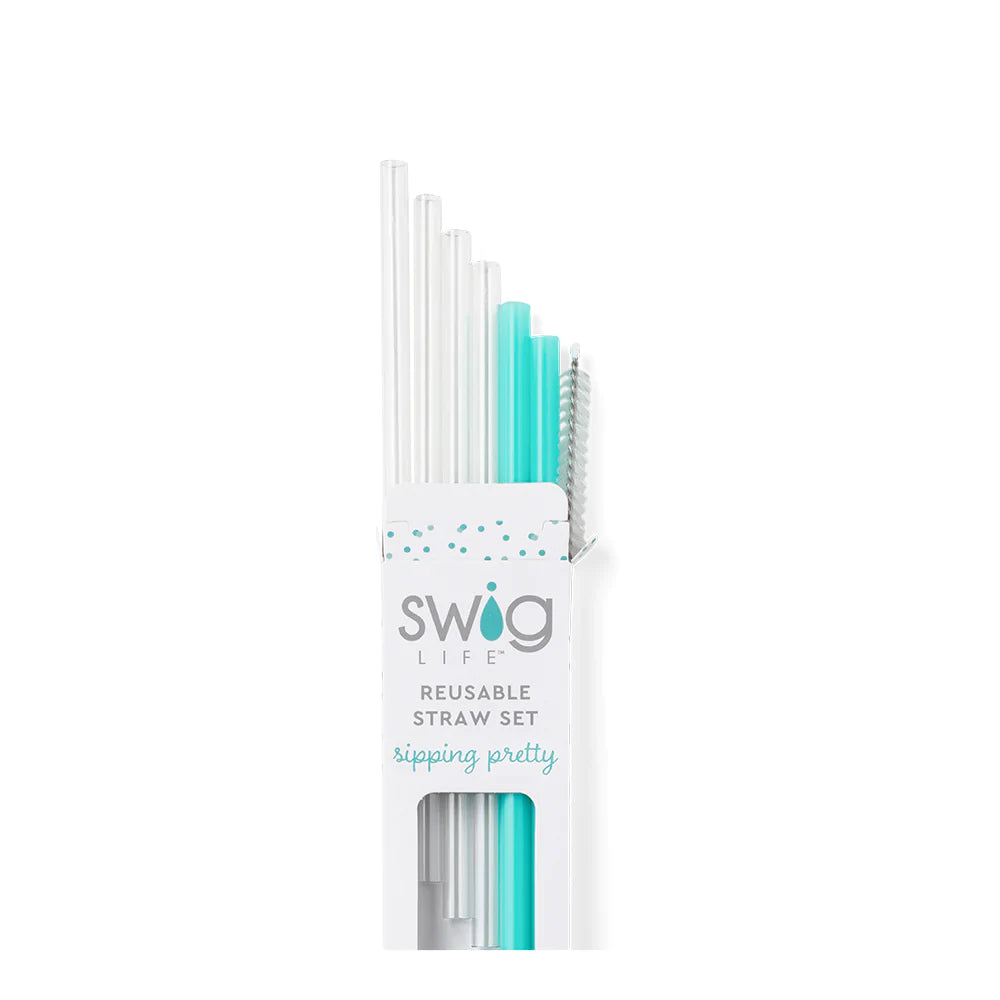 Reusable straw set with four printed straws, two solid color straws, and a cleaning brush in BPA-free plastic.