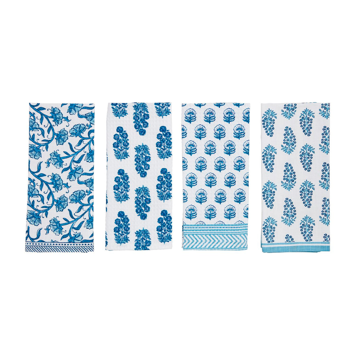 Set of four white kitchen towels with various blue block print floral and geometric patterns.