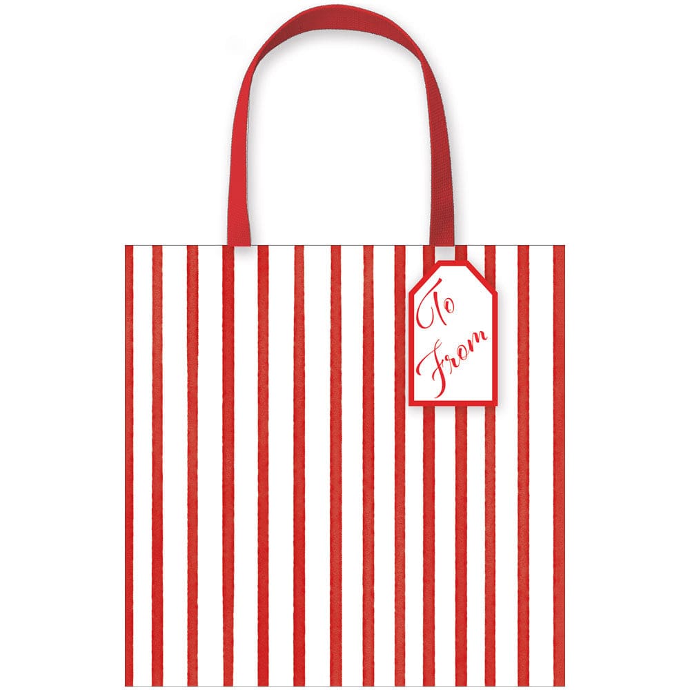 Small gift bag with red and white vertical stripes and an attached To/From gift tag.