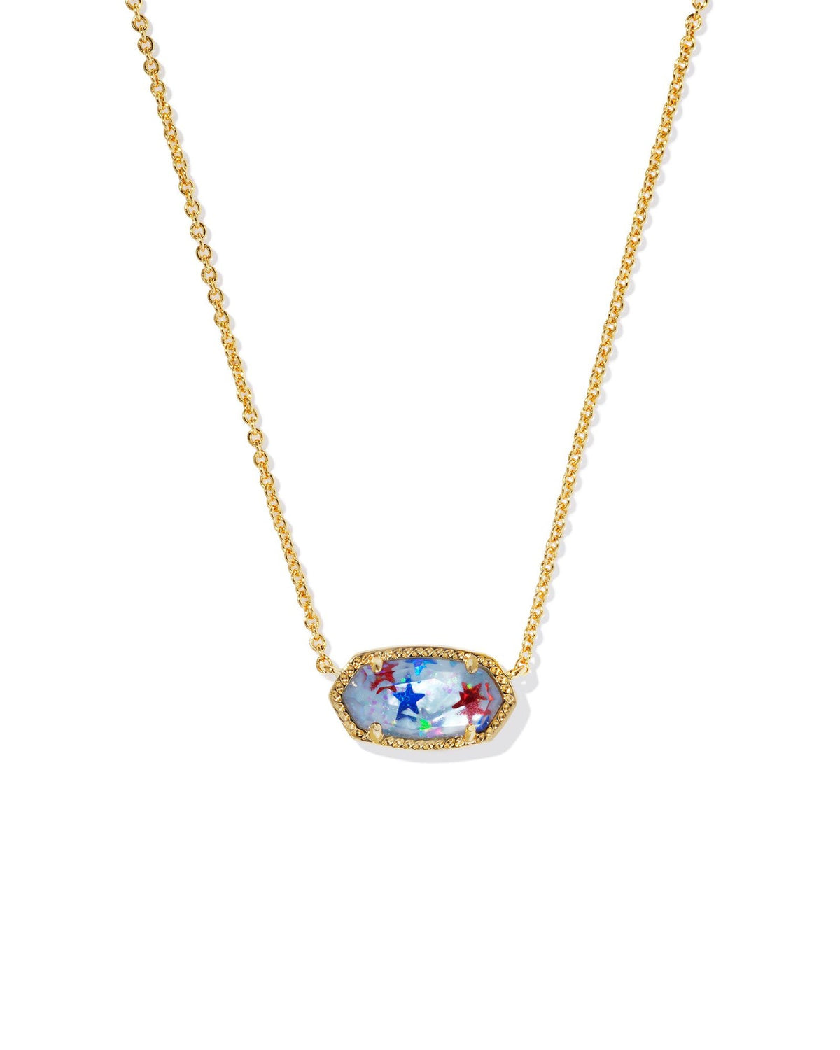 Elisa Pendant Necklace with a gold chain and a blue stone pendant featuring red and blue stars.