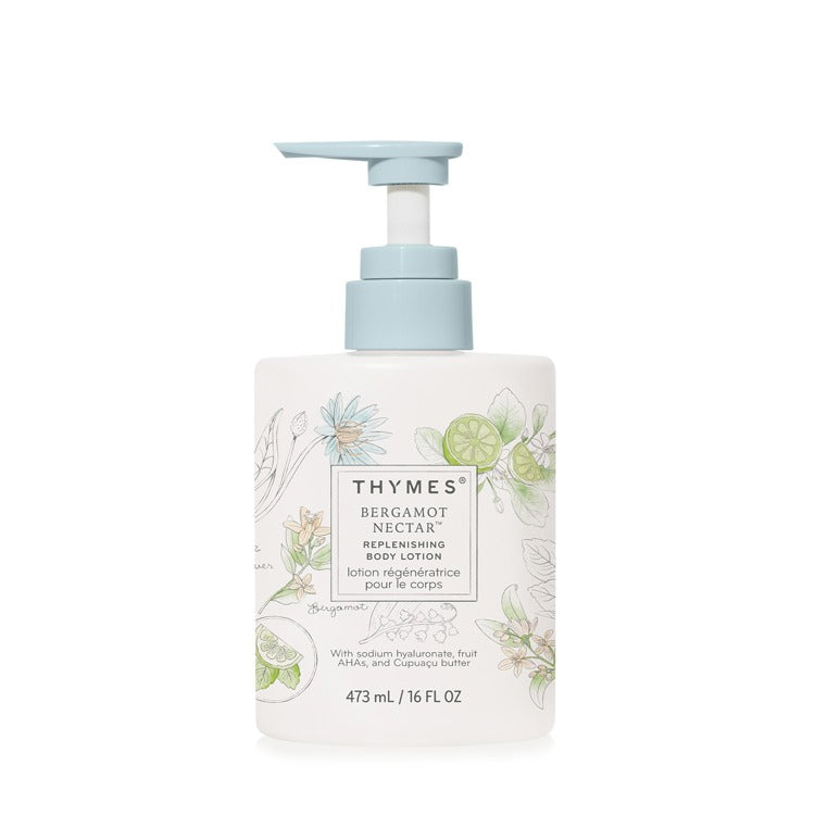 Replenishing Body Lotion bottle with a pump dispenser against a white background.