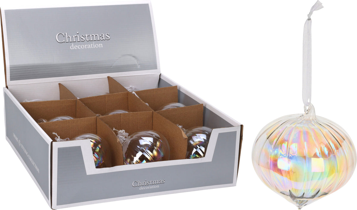 10cm iridescent glass onion stripe Christmas ball ornament with hanging ribbon and display box.