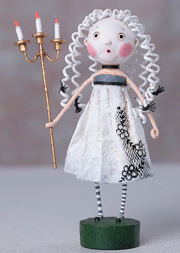 Guiding Light by Lori Mitchell: 7-inch figurine with white curls, lacy gown, and brass candelabra.