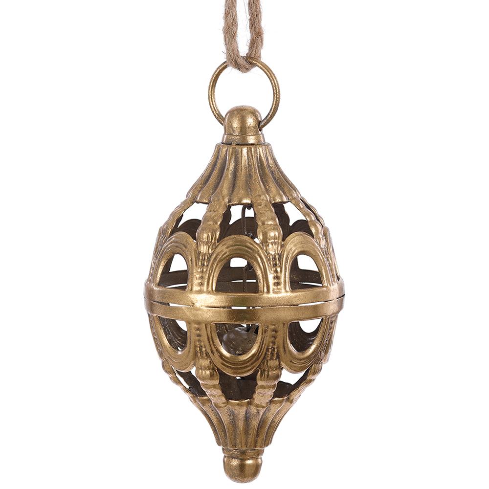 8-inch gold metal filigree finial ornament with a rope hanging loop.