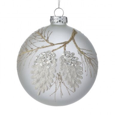 4-inch silver glass ball ornament with glittery pine cone and branch designs.