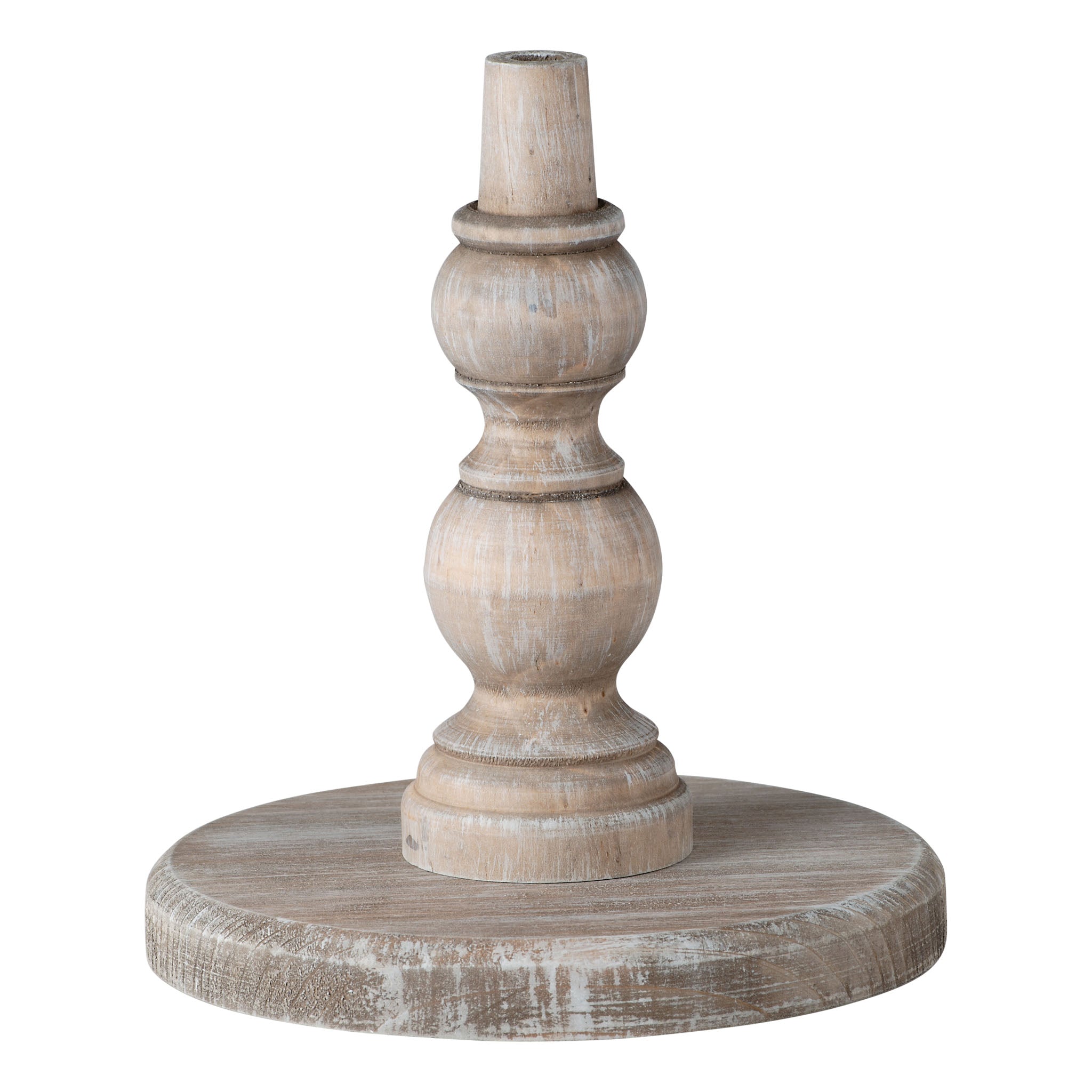 Neutral wood base for toppers with a distressed finish and a turned pedestal design.