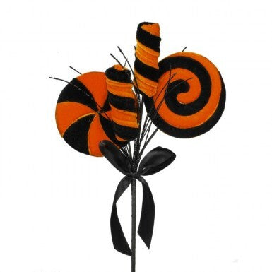 14-inch Halloween sweets bundle pick with orange and black striped lollipops and a black bow.