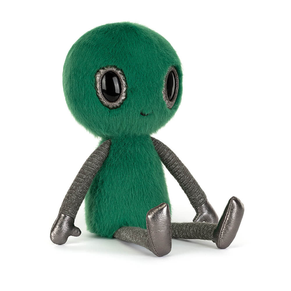 Zyllan Alien plush toy with a fuzzy green body and head, large black eyes, and silver limbs.