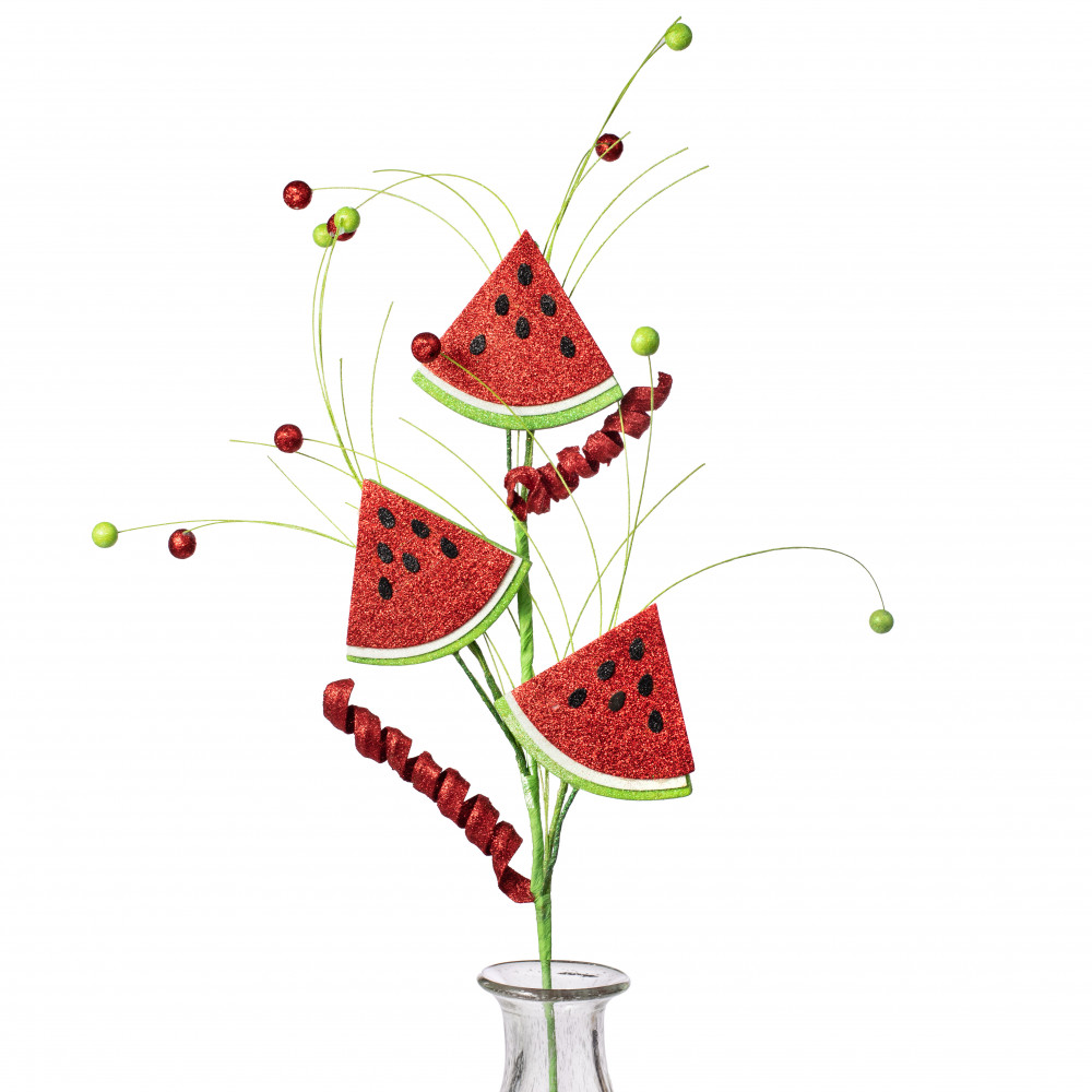 33-inch tall poly foam watermelon spray with glittered slices, curls, grass, and wired stems wrapped in green paper.