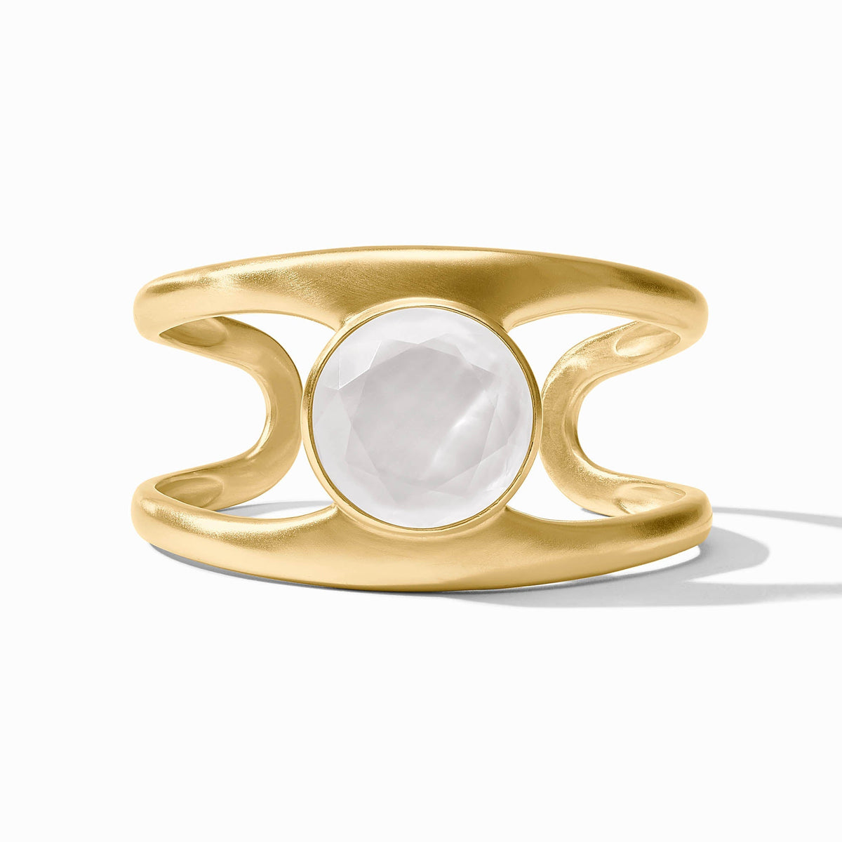 Gold Laguna Stone Cuff with a large, round, faceted white stone set in a wide open-band design.