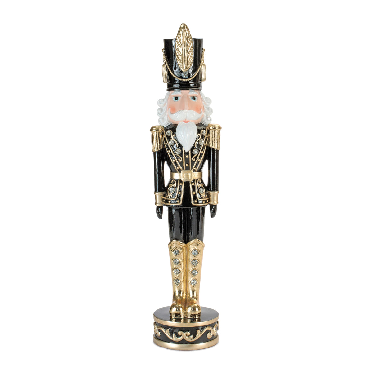 17-inch tall black and gold resin soldier nutcracker with jeweled accents on a round base.