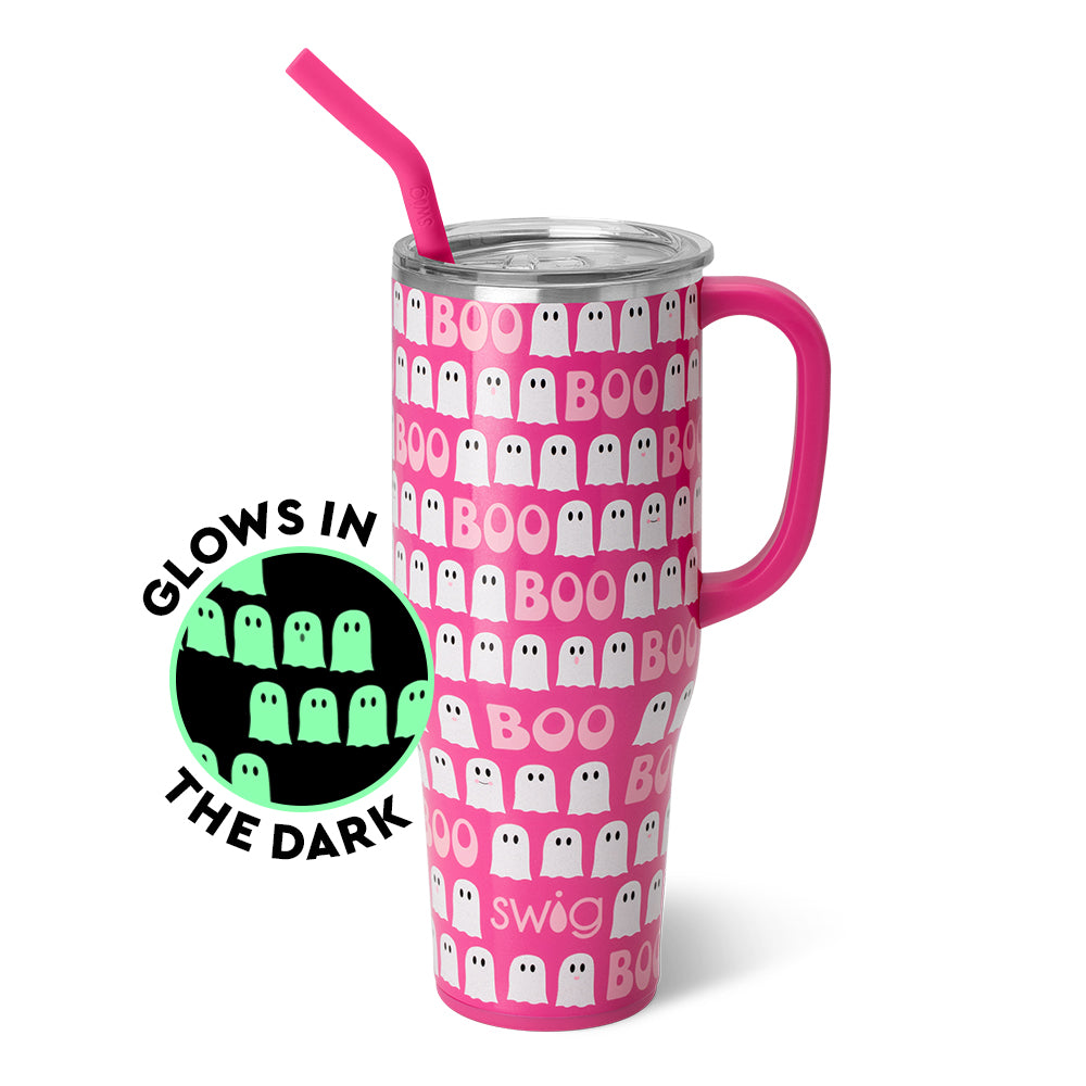 40oz Mega Mug in black with copper accents, featuring a comfort-grip handle and flexi-tip straw.