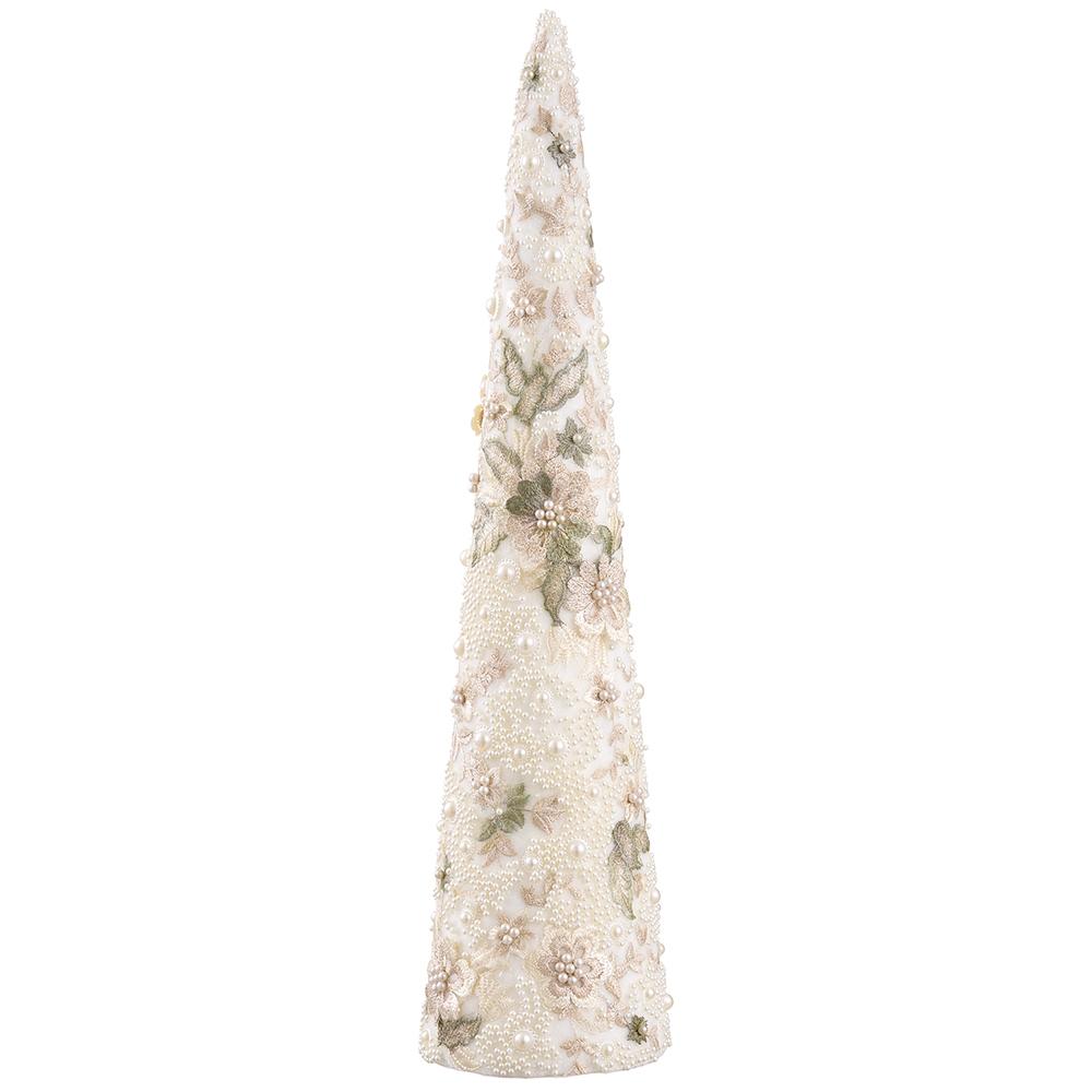 24-inch cone topiary with white pearl embroidery and delicate floral lace accents.