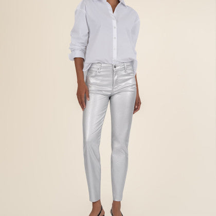 Charlize metallic coated high rise cigarette leg jeans in dark wash with a slim silhouette.