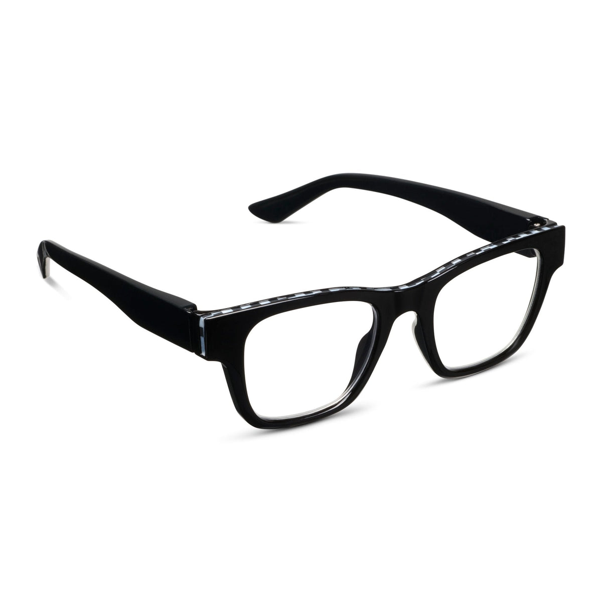 Bernadette eyeglasses with polycarbonate frame in clear finish featuring blue light focus lenses and spring hinges.