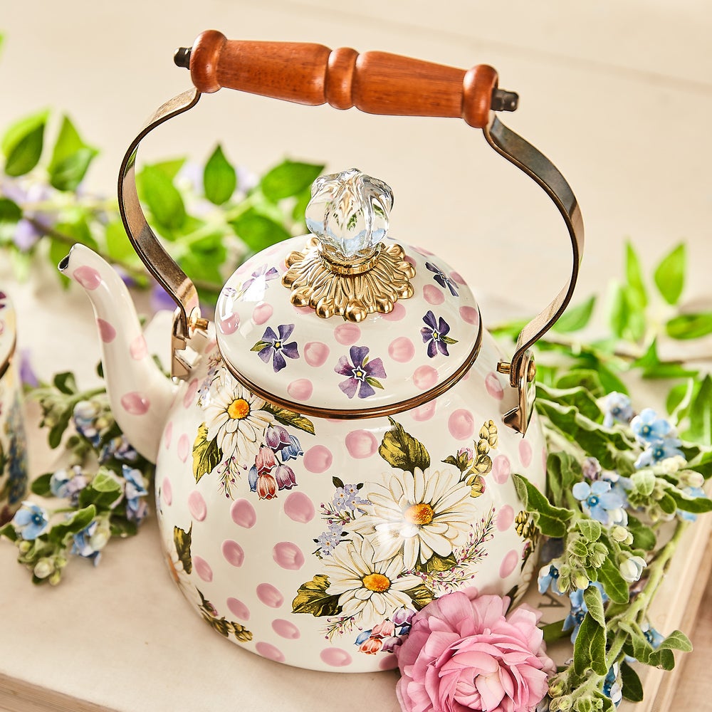 Wildflowers Pink 2 Quart Tea Kettle with floral patterns, pink polka dots, and a wooden handle.
