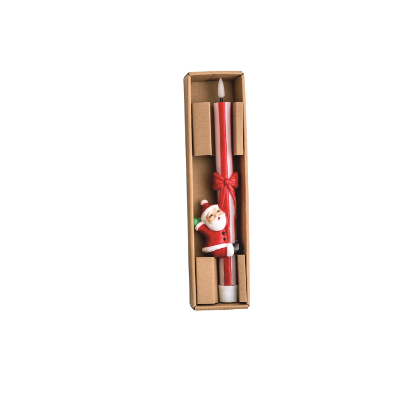 Flameless red and white striped taper candle with a Santa Claus resin hugger in a gift box.