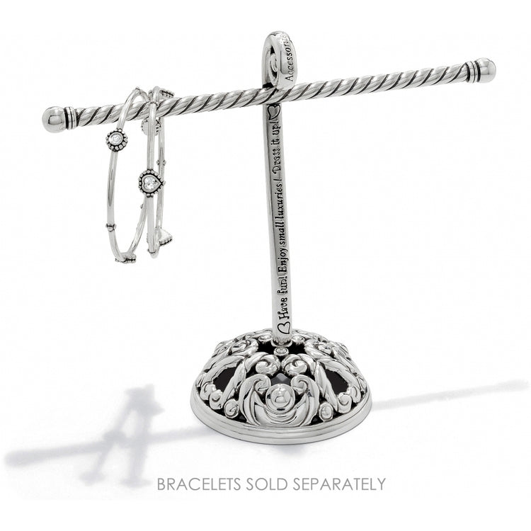 Silver plated Accessorize Bracelet Tree with twisted metal bar and ornate filigree base.