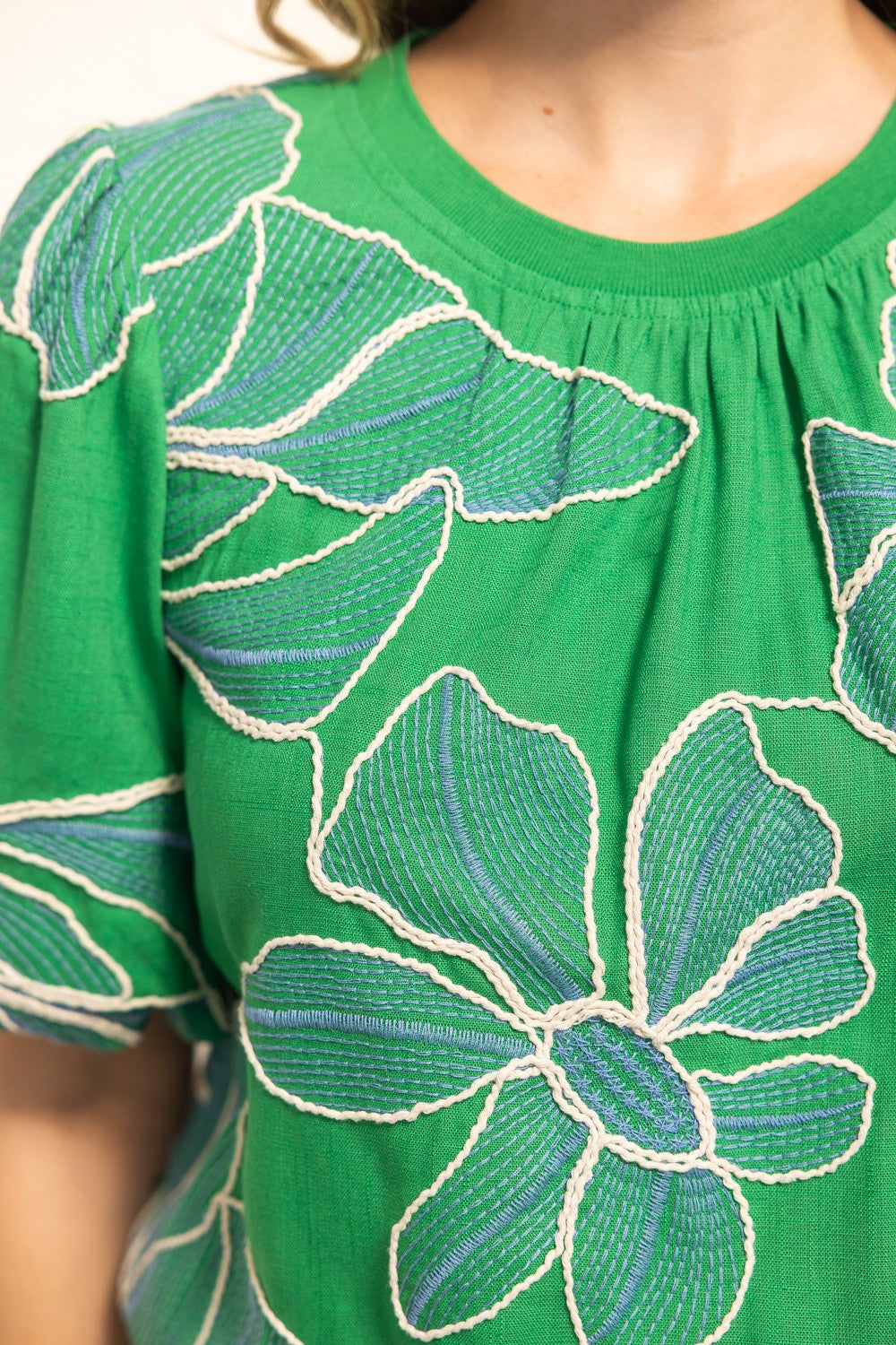 Floral embroidered woven blouse with round neckline, short bubble sleeves, elastic hem, and fitted waist in light color.