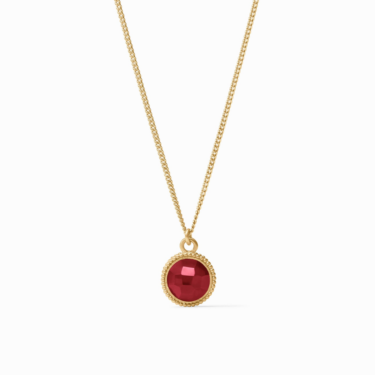 Fleur-De-Lis Solitaire Necklace in 24K gold plate with a round red faceted glass pendant.
