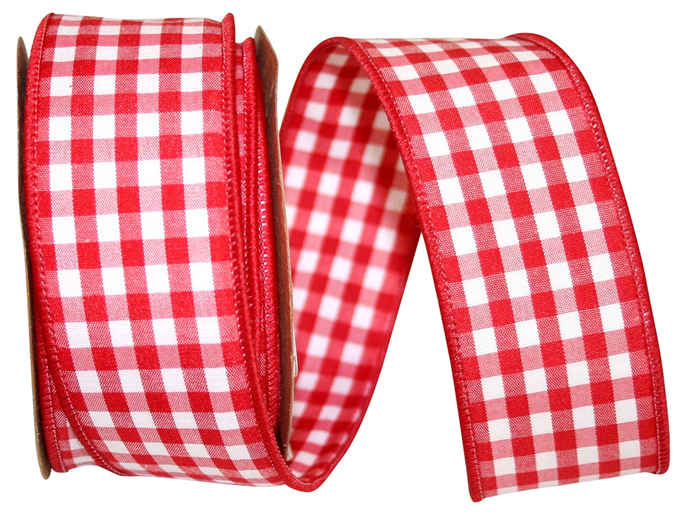 Medium red gingham check wired edge ribbon with a 3-inch width.